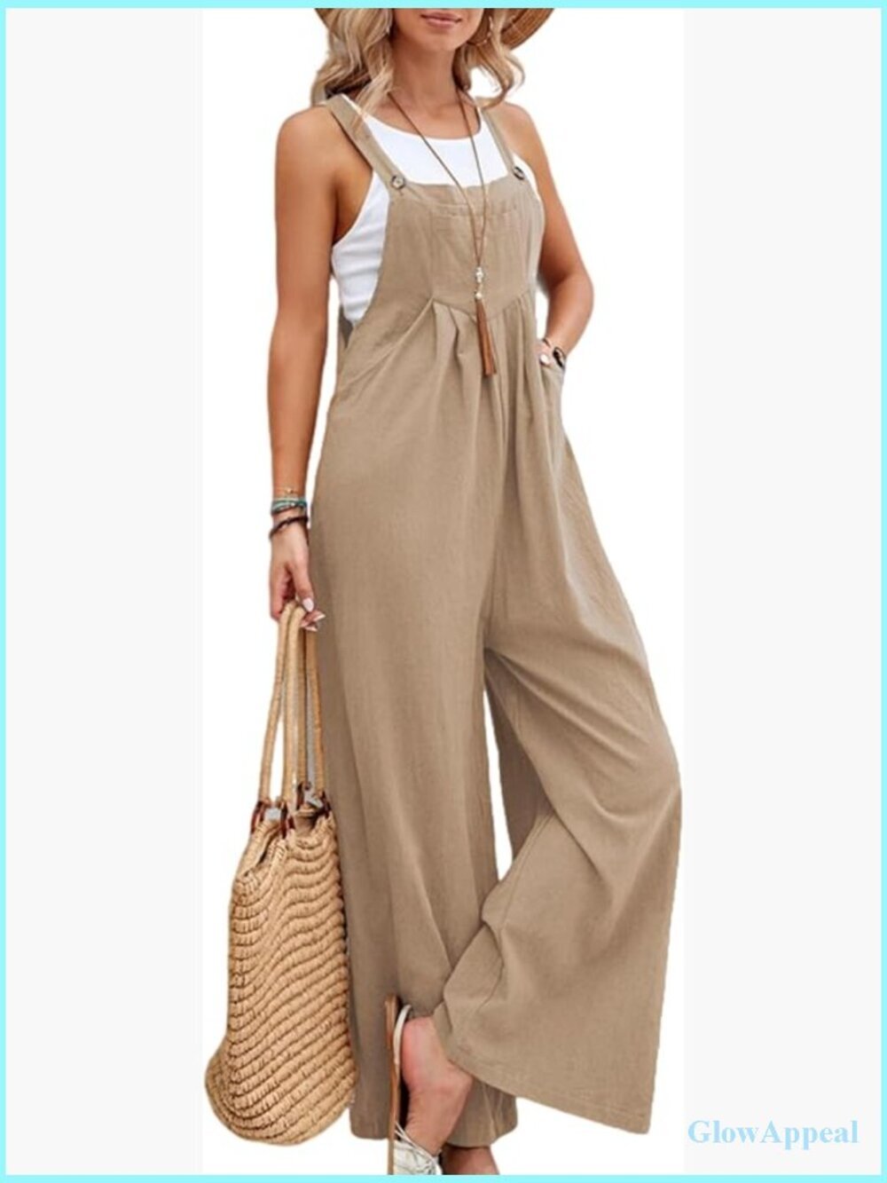 Wide Leg Jumpsuit with Pockets Adjustable Straps Cotton Linen